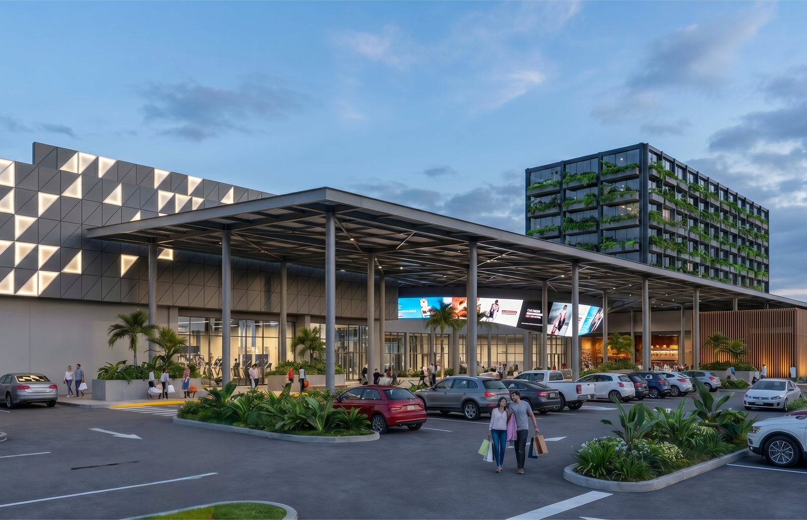 Perspectiva do Plaza Maricá — fachada e estacionamento