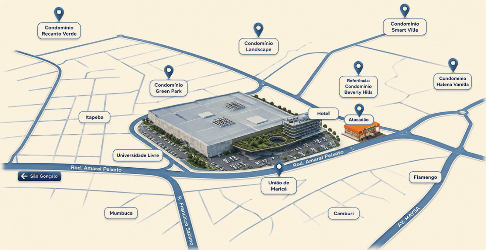 Mapa da região destacando a localização do Plaza Maricá na Rodovia Amaral Peixoto